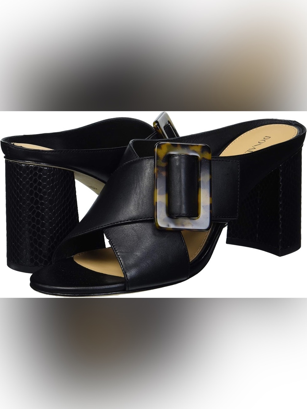 Donald J. Pliner Black Leather Slide Sandal with Tortoiseshell Buckle